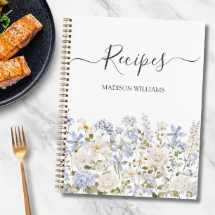 Aquarellblaue Blumen Personalisiertes Rezeptbuch Notizbuch