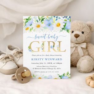 Aquarellblaue Blumen und Gänseblümchen-Baby-Party Einladung