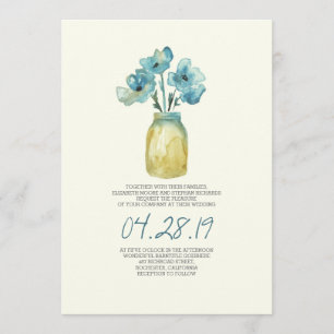Aquarellblaue Blumenmason Glas rustikale Hochzeit Einladung
