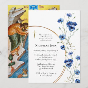 Aquarellblaue Blumenranke Orthodoxe Taufe Einladung