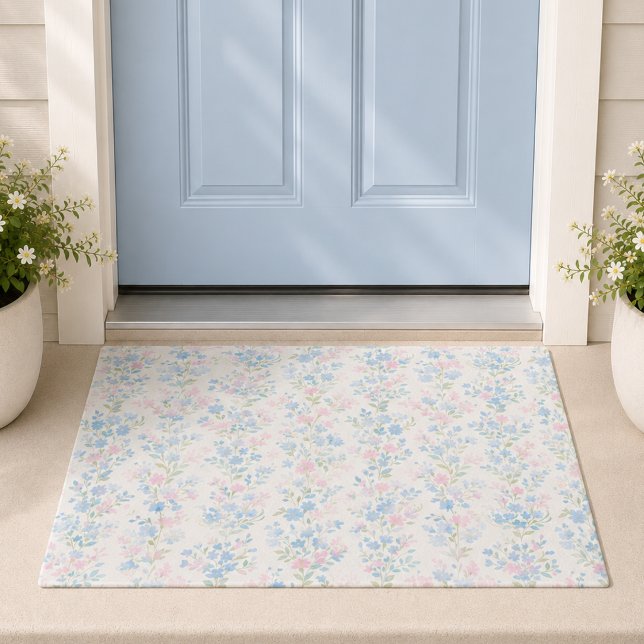Aquarellblaue Blüten Fußmatte (elegant girly grandmillennial pale powder blue blush pink floral door mat)