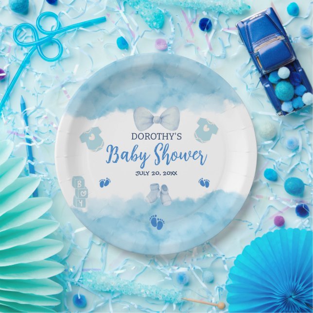 Aquarellblaue Cloud Pastellpinsel Baby Boy Dusche Pappteller (Party)