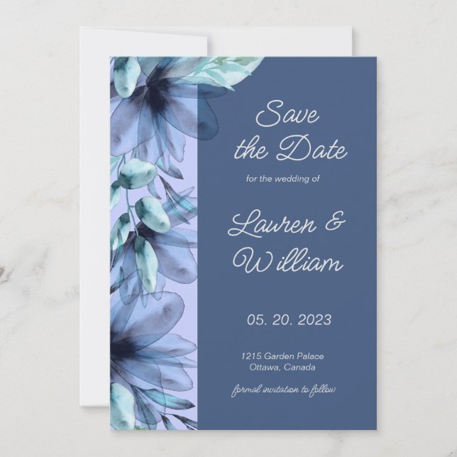 Aquarellblaue hellviolette Farbe Save the Date (Vorderseite)