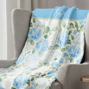 Aquarellblaue Hortensien-Blumenname Fleecedecke