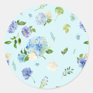 Aquarellblaue Hortensien- und Rosenblumenmuster Runder Aufkleber