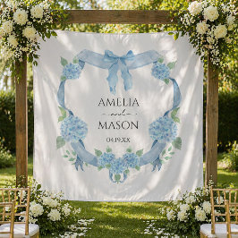 Aquarellblaue Hortensien-Wappen-Hochzeit Wandteppich