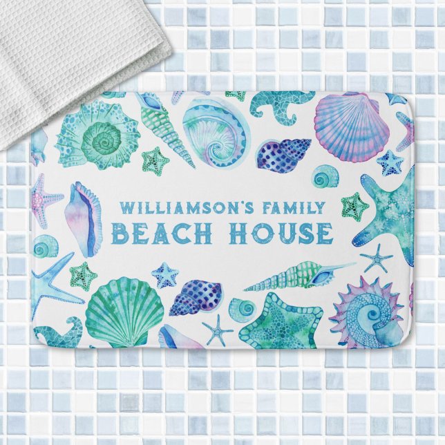 Aquarellblaue Muscheln und Starfish Beach House Badematte (Watercolor Blue Shells and Starfish Beach House Bath Mat)