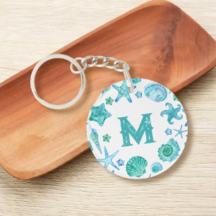 Aquarellblaue Muscheln und Starfish Monogramm Schlüsselanhänger