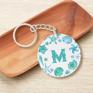 Aquarellblaue Muscheln und Starfish Monogramm Schlüsselanhänger
