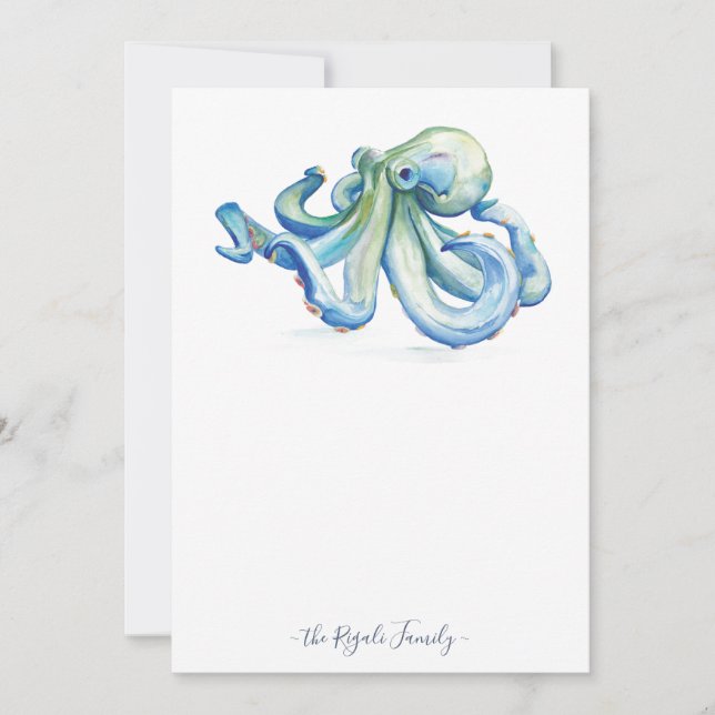 Aquarellblaue Octopus-Mitteilungskarten mit Umschl Mitteilungskarte (Vorderseite)