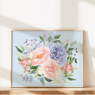 Aquarellblaue rosa Hortensien-Pfingstrosen-Frühlin Poster