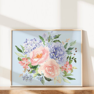 Aquarellblaue rosa Hortensien-Pfingstrosen-Frühlin Poster