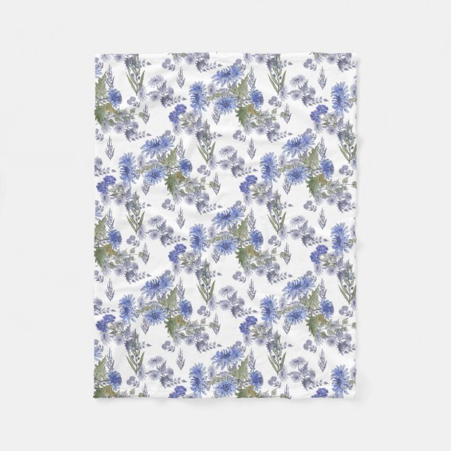 Aquarellblaue Rose Blume federn Weiß Fleecedecke (Vorderseite)