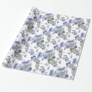 Aquarellblaue Rose Blume federn Weiß Geschenkpapier