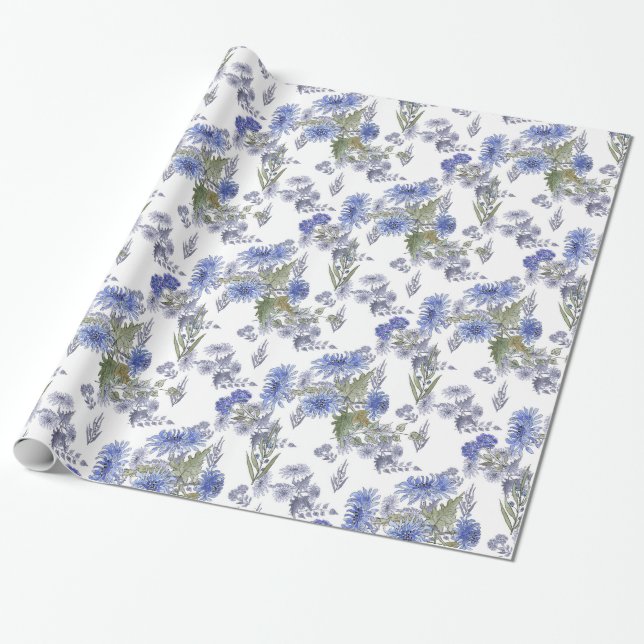 Aquarellblaue Rose Blume federn Weiß Geschenkpapier (Ungerollt)