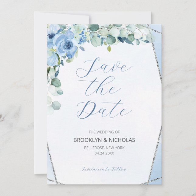Aquarellblaue Rose Save the Date (Vorderseite)