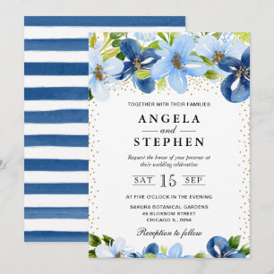 Aquarellblaue Sommerblumen-Hochzeit Einladung