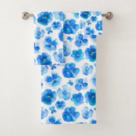 Aquarellblaue Stiefmütterchen Bratücher Badhandtuch Set