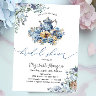 Aquarellblaue Teekanne Florale Babyparty Einladung