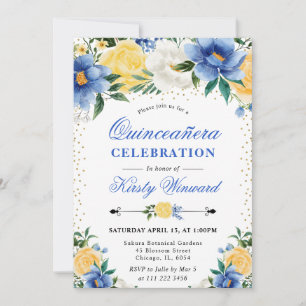 Aquarellblaue und gelbe Blumen Quinceanera Einladung