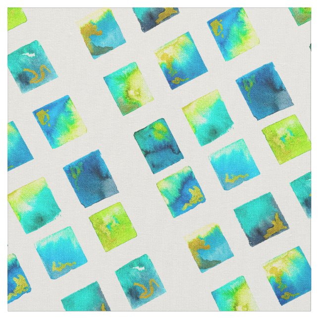 Aquarellblaue und grüne Quadrate Stoff (Nahaufnahme)