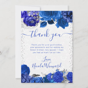 Aquarellblaue und silberne Blumen Sweet 16 Dankeskarte
