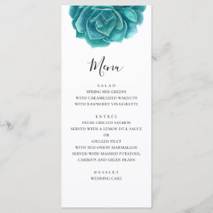 Aquarellblaue und Türkisgrüne Sukkulente. Hochzeit Menükarte