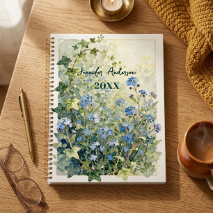 Aquarellblaue Vergissmeinnicht-Blumen mit grünem E Planer