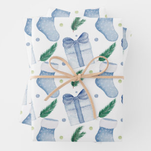 Aquarellblaue Weihnachtsstrümpfe und Geschenke  Geschenkpapier Set