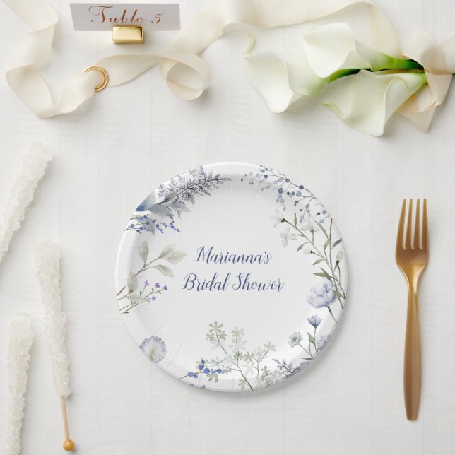 Aquarellblaue Wildblume Rahmen Brautparty Pappteller (Hochzeit)
