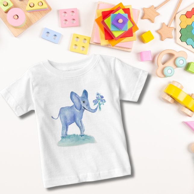 Aquarellblauer Elefant mit Blume Baby T-shirt (Von Creator hochgeladen)