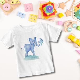 Aquarellblauer Elefant mit Blumen Baby T-shirt