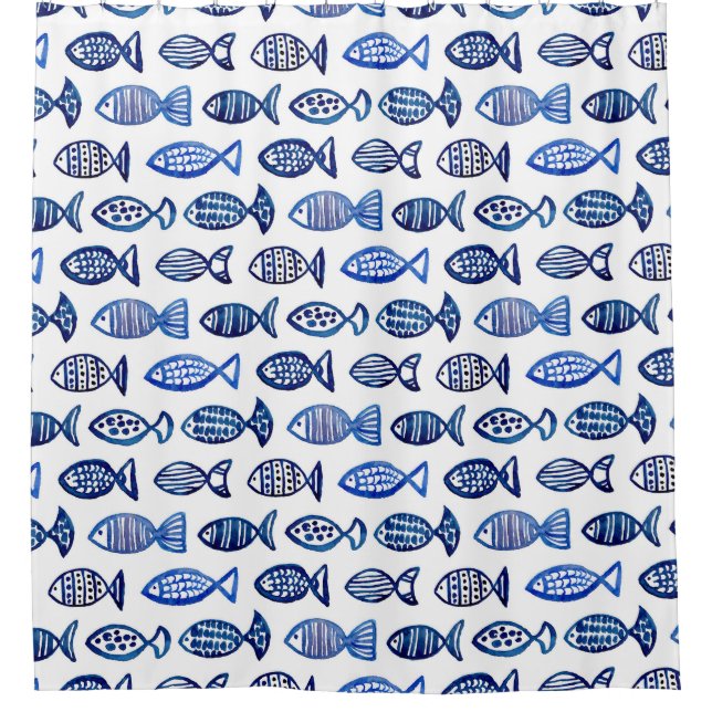 Aquarellblauer Fisch. Seemännerkunst Duschvorhang (Vorderseite)