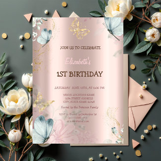 Aquarellblauer Schmetterling Rose Gold Geburtstag Einladung