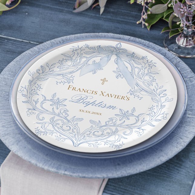 Aquarellblauer Wappen Baby Boy Taufe Pappteller (Von Creator hochgeladen)