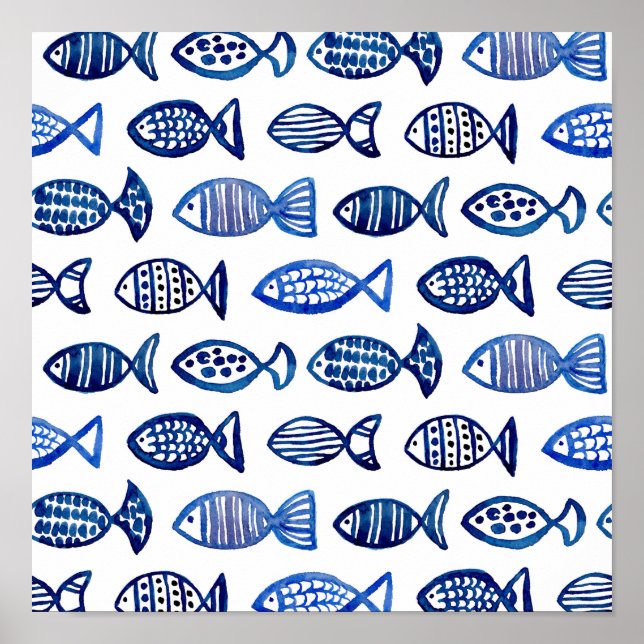Aquarellblaues Fischmuster drucken. Seemart Poster (Vorne)