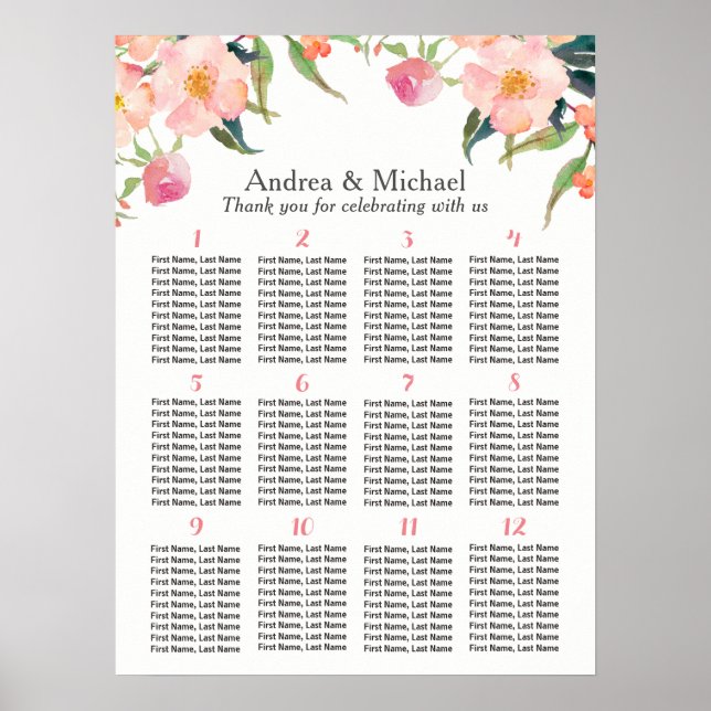 Aquarellblume 12 Tische Hochzeitskarte Poster (Vorne)