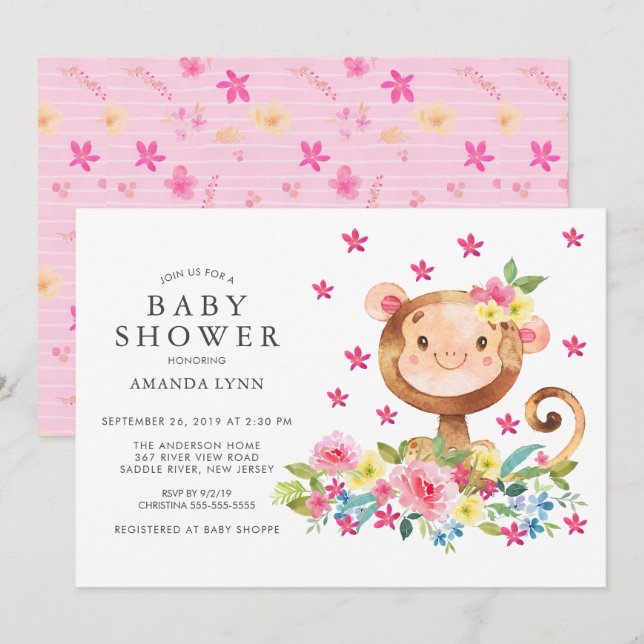 Aquarellblume Affe Kindermädchen Dusche Einladung (Vorne/Hinten)