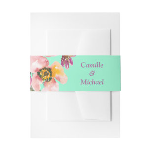 Aquarellblume auf Neo Mint Wedding Einladungsbanderole