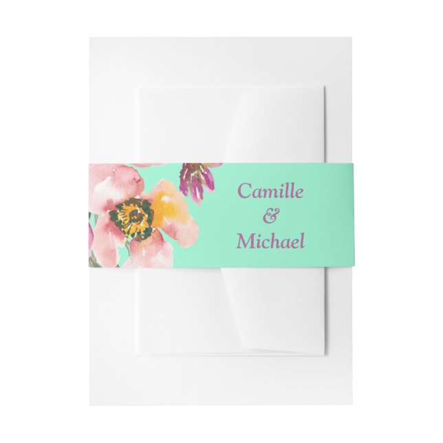 Aquarellblume auf Neo Mint Wedding Einladungsbanderole (Vorderseite Beispiel)