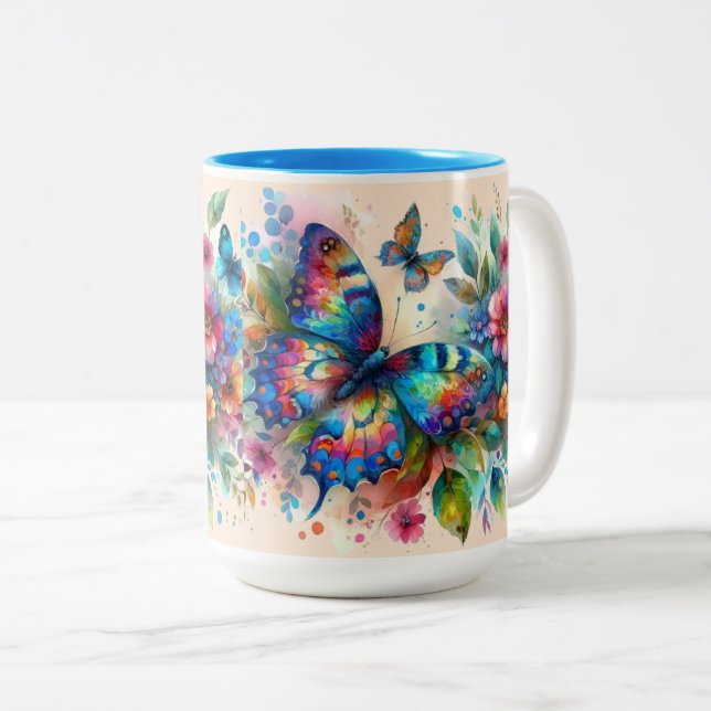 Aquarellblume Blütenblume Blume Blau Rosa Zweifarbige Tasse (VorderseiteRechts)