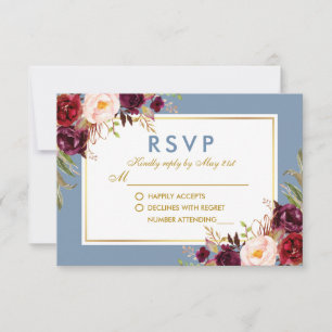 Aquarellblume Burgundy Dusty Blue Gold Wedding RSVP Karte