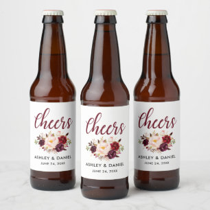 Aquarellblume Burgundy Wedding Cheers Bierflaschenetikett