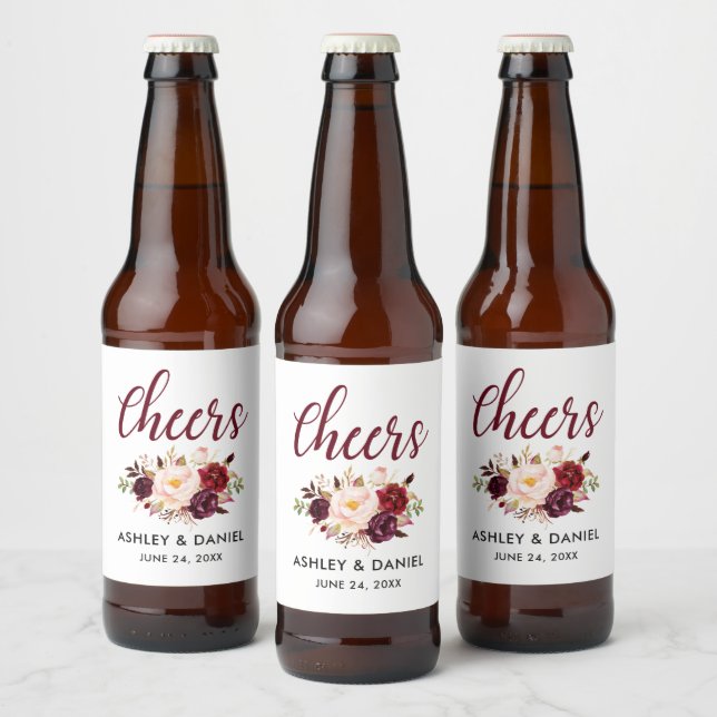 Aquarellblume Burgundy Wedding Cheers Bierflaschenetikett (Flaschen)