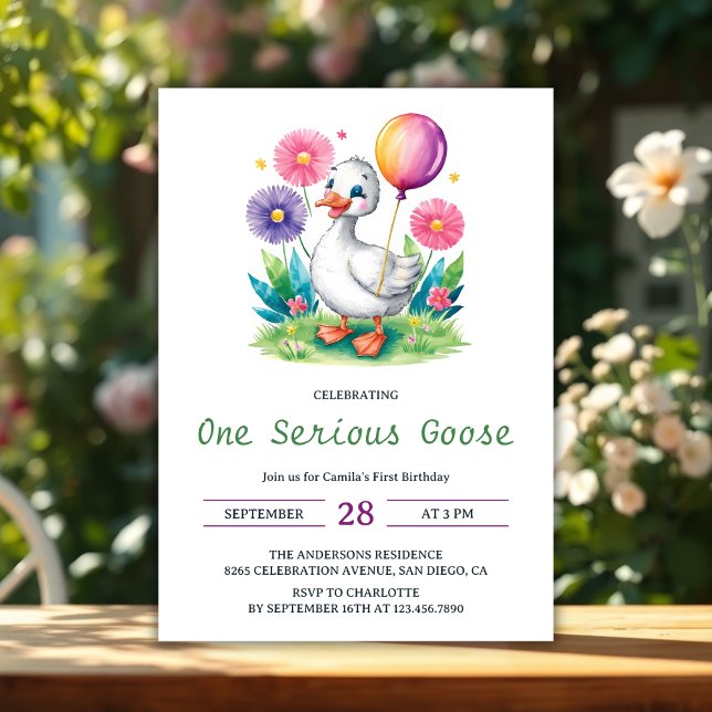 Aquarellblume Eine ernste Gans erster Geburtstag Einladung (Watercolor Floral One Serious Goose First Birthday Invitation)