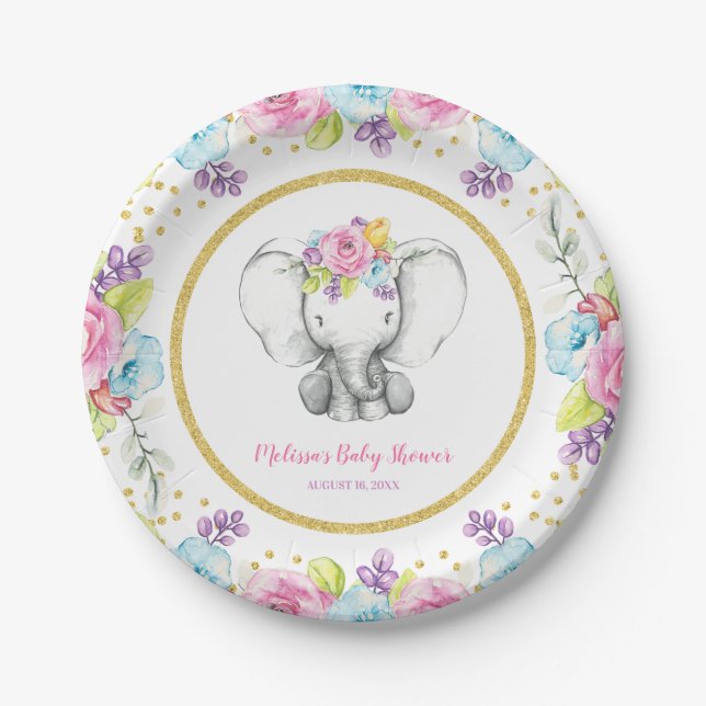 Aquarellblume Elefant Babydusche Pappteller (Vorderseite)