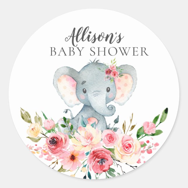 Aquarellblume Elefant Babydusche Runder Aufkleber (Vorderseite)