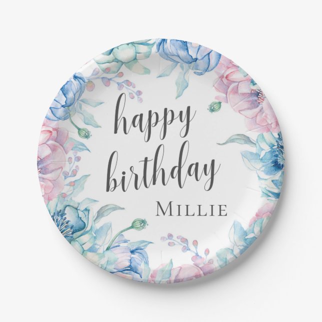 Aquarellblume Elegantes Bauernhaus Happy Birthday Pappteller (Vorderseite)