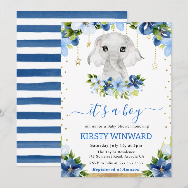 Aquarellblume Elephant Boy Baby Dusche Einladung (Vorne/Hinten)