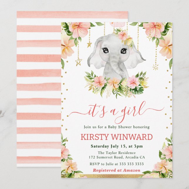 Aquarellblume Elephant Girl Baby Dusche Einladung (Vorne/Hinten)